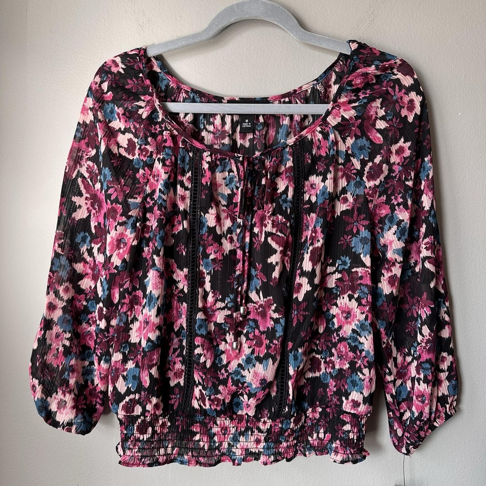 BCX Blouse Women Medium Black Floral Smocked Peasant Crop‎ Top Lined Ethereal